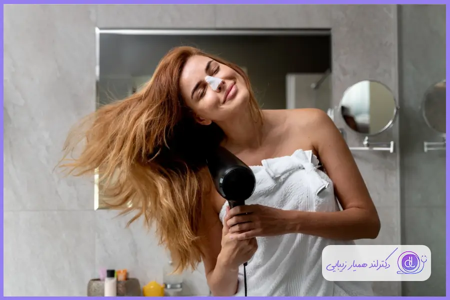 خشک کردن موها یکی از اقدامات مهم بعد از حمام کردن پس از جراحی بینی